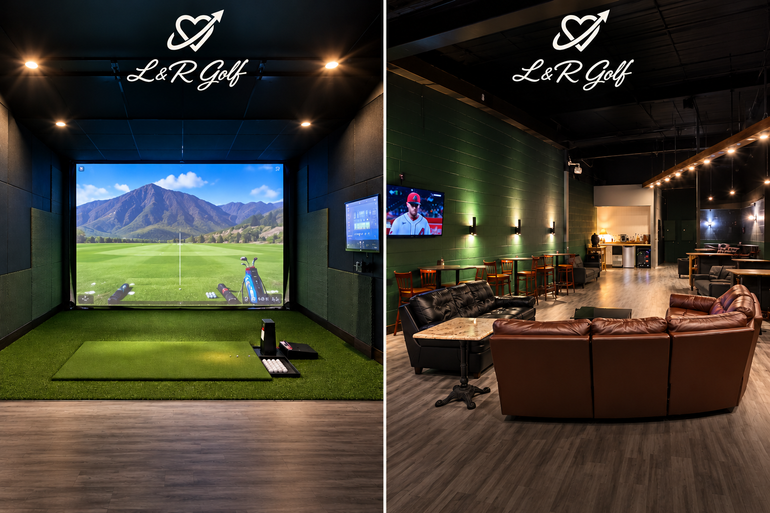Side-by-side views of the simulator bay and lounge at an L&R Golf commercial build