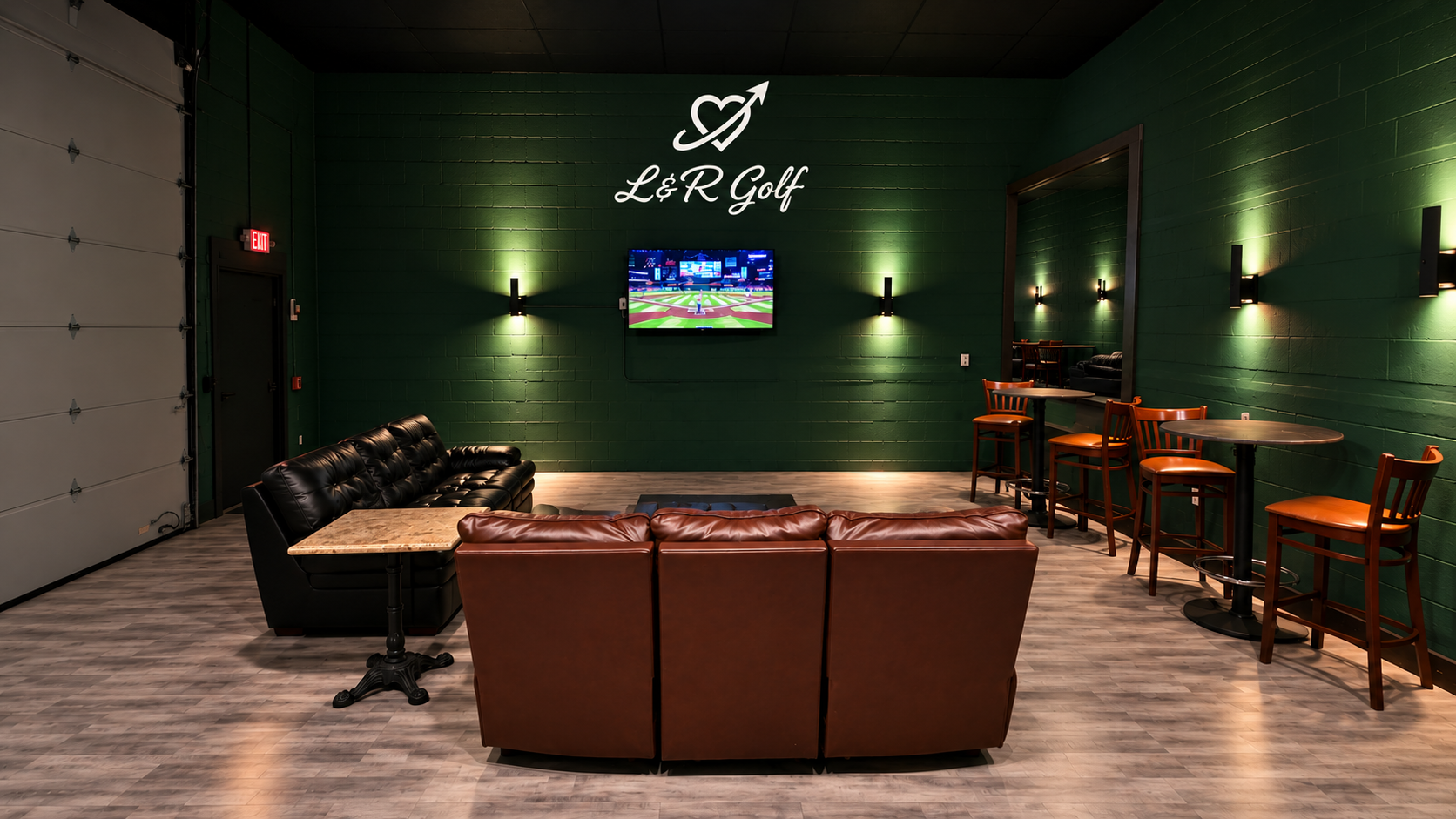 L&R Golf commercial installation with lounge seating and illuminated company branding
