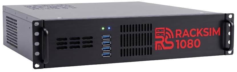 RackSim 1080 simulator appliance with a black rack-mount enclosure and red branding